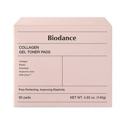 Biodance Collagen Gel Toner Pads box, presented in a minimalist design featuring product details, focusing on pore perfection and skin elasticity.