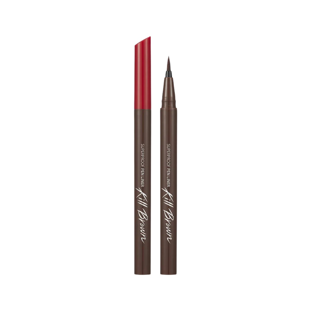 a pair of brown and red eyeliners on a white background
