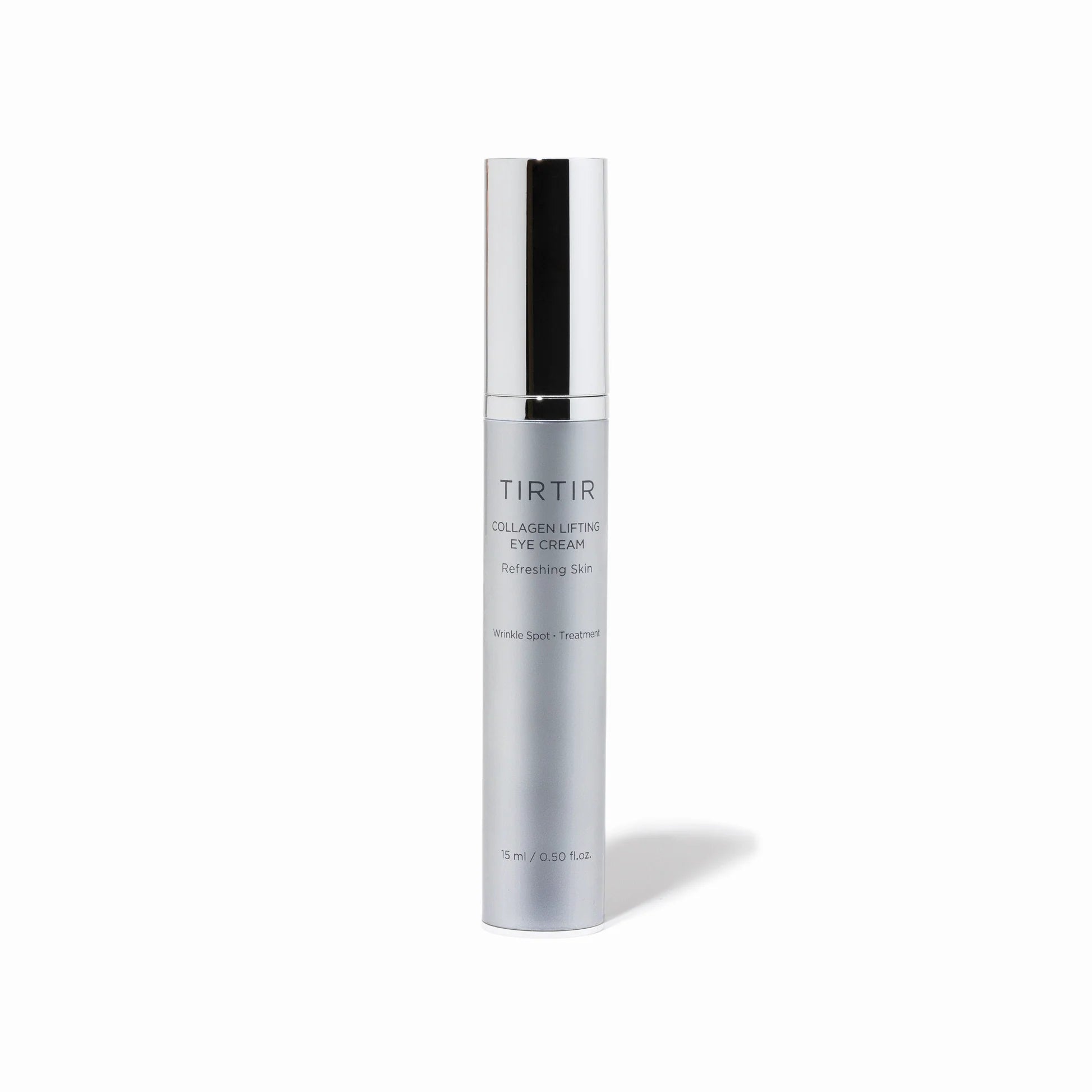 TIRTIR Collagen Lifting Eye Cream Roller in sleek silver packaging, designed for enhancing skin elasticity and reducing wrinkles around the eyes.