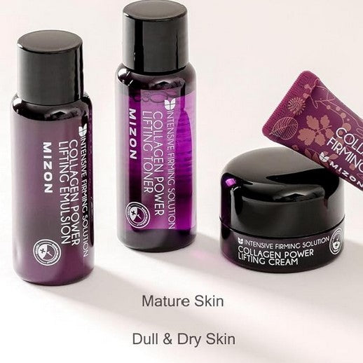 Mizon Collagen Mini Set displaying essential products aimed at improving mature skin, with vibrant purple tones and labeled bottles.