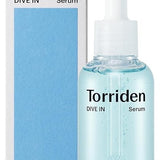 Torriden Dive In Serum displayed next to its blue and white packaging, emphasizing its low molecular hyaluronic acid formulation.
