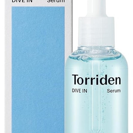 Torriden Dive In Serum displayed next to its blue and white packaging, emphasizing its low molecular hyaluronic acid formulation.