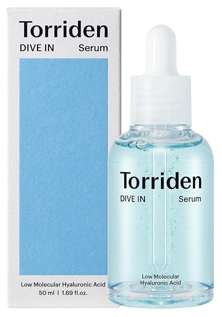 Torriden Dive In Serum displayed next to its blue and white packaging, emphasizing its low molecular hyaluronic acid formulation.