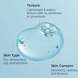 Close-up of a gel-like serum showing its lightweight, watery texture, ideal for various skin types, including dry and sensitive skin.