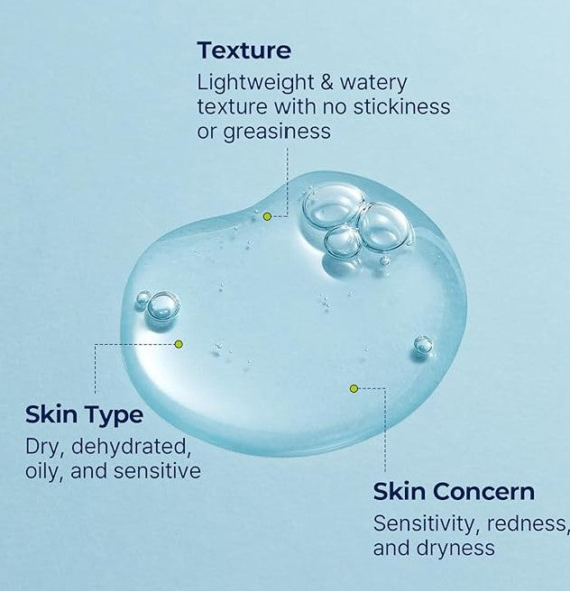 Close-up of a gel-like serum showing its lightweight, watery texture, ideal for various skin types, including dry and sensitive skin.