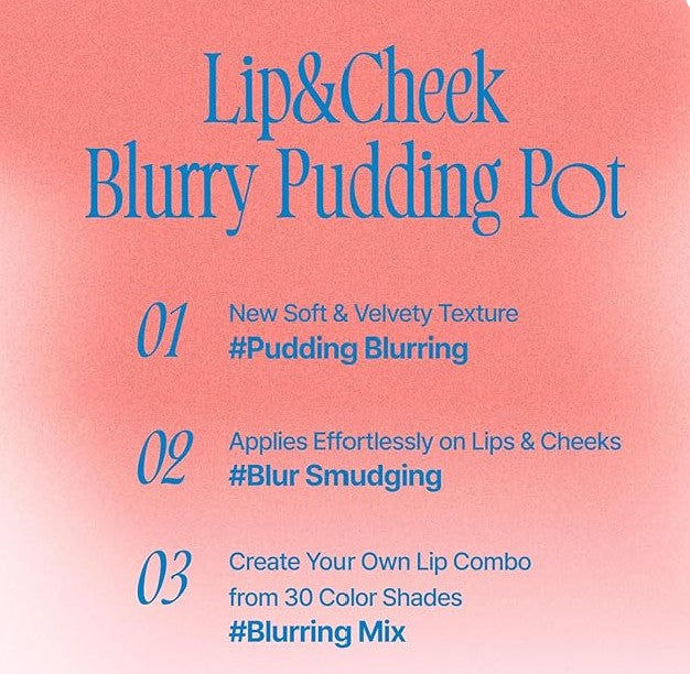 a pink and blue poster with the words lip & cheek blury pudding pot