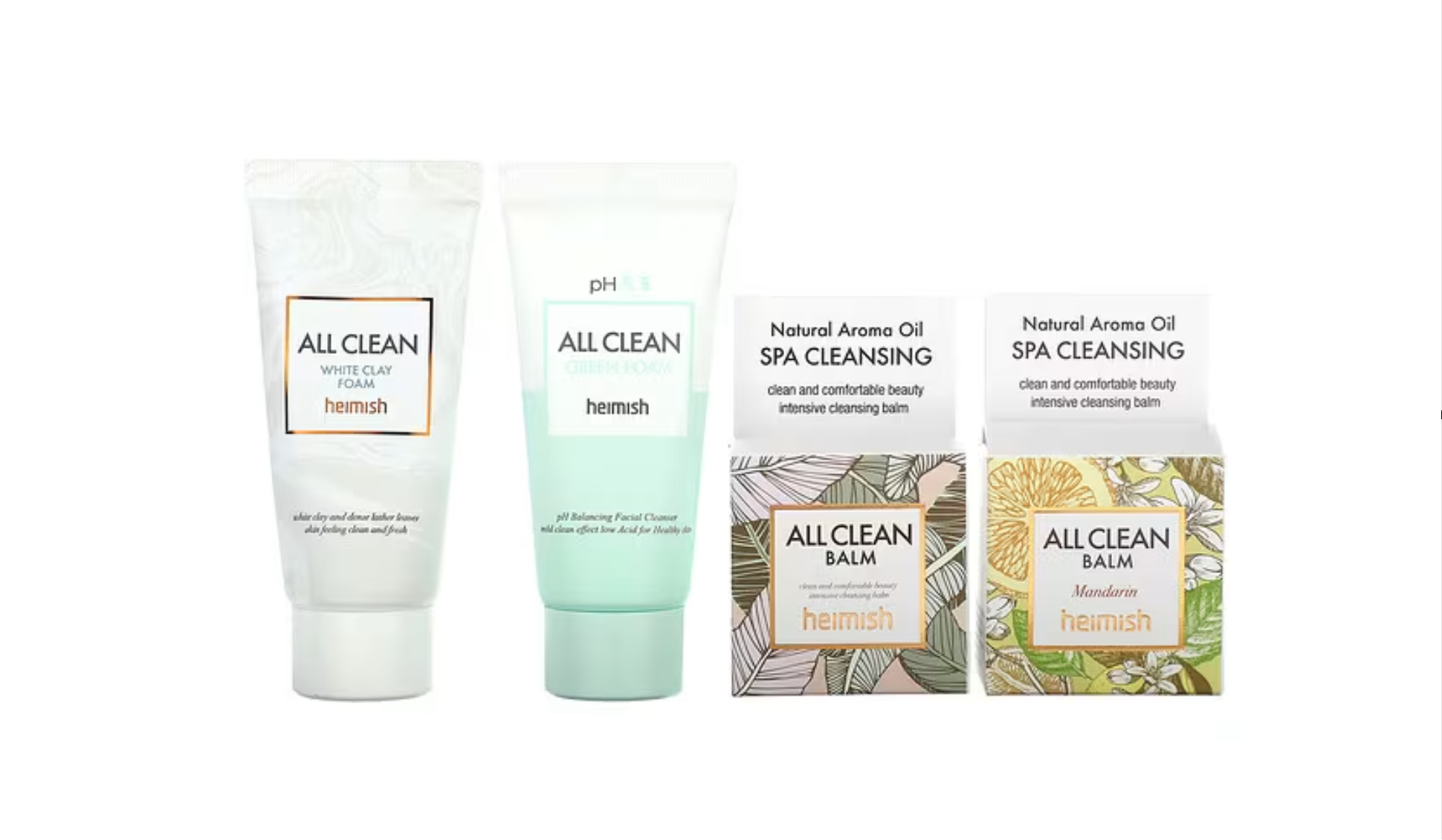 Detailed view of Heimish All Clean White Clay Foam, All Clean Green Foam, and two All Clean Balm variants in beautifully designed packaging for that glamorous glow.