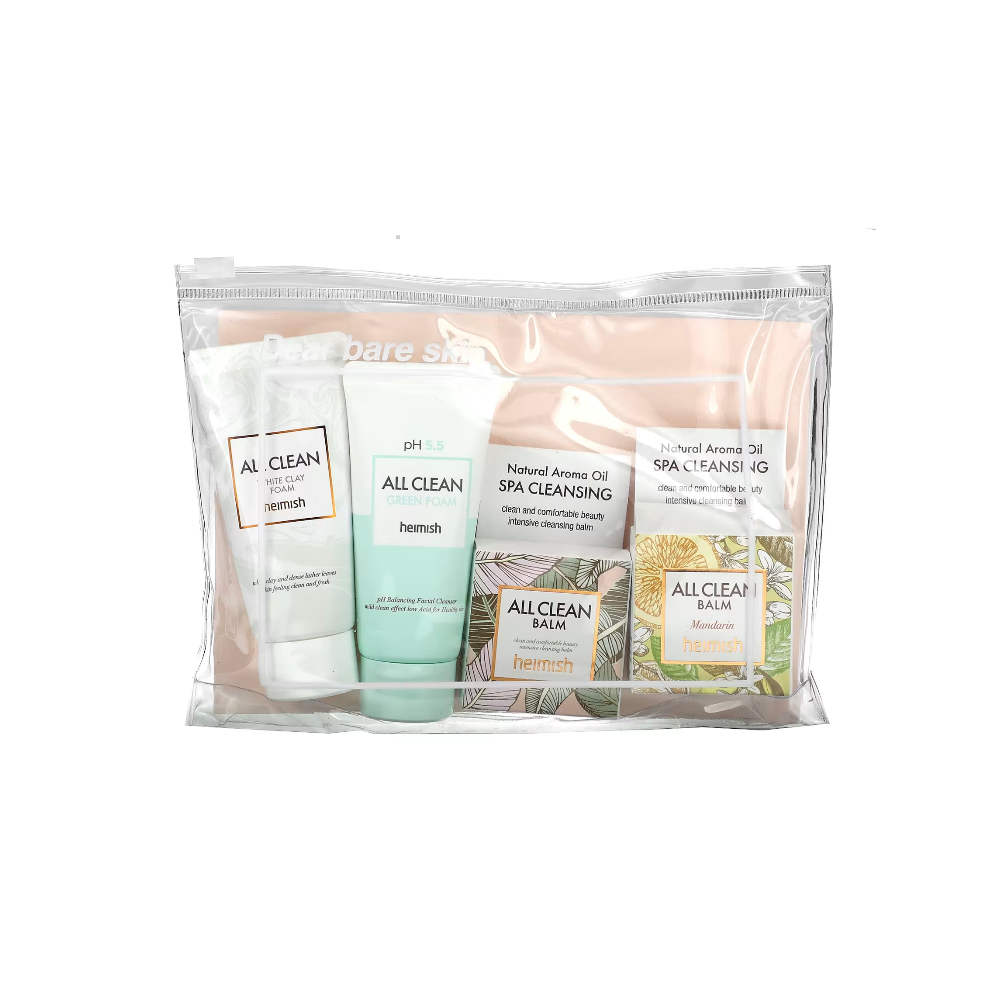 Heimish Mini Trial Cleansing Kit featuring all five skincare products in a transparent pouch, ideal for on-the-go beauty lovers.