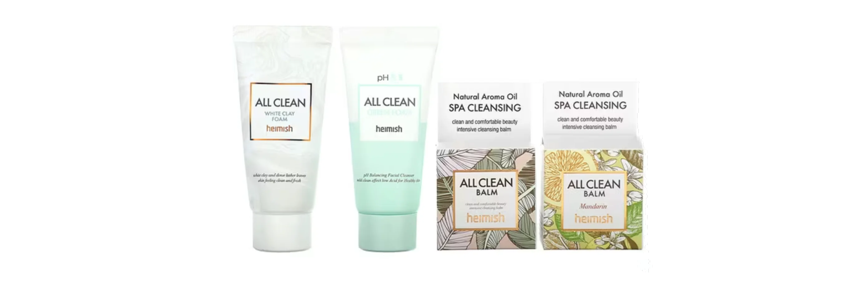 Close-up of Heimish Mini Trial Cleansing Kit showcasing the All Clean White Clay Foam, All Clean Green Foam, and All Clean Balms, perfect for a refreshing cleanse.