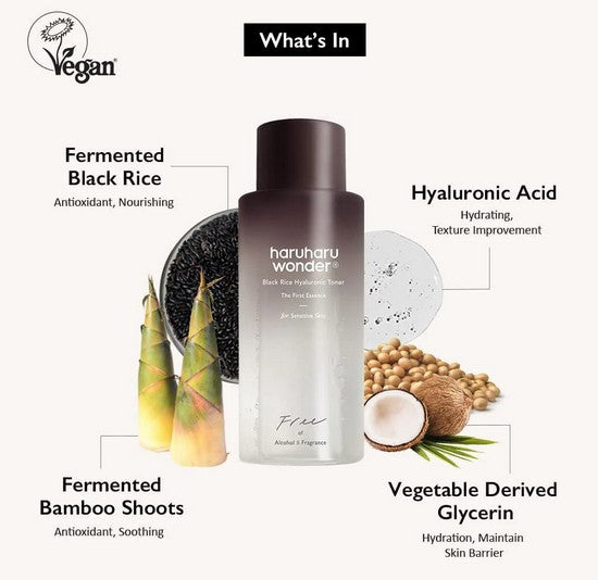 Ingredients of Haruharu Wonder - Black Rice Hyaluronic Toner, highlighting powerful elements like hyaluronic acid and panax ginseng, essential for a moisturizing black rice toner routine.