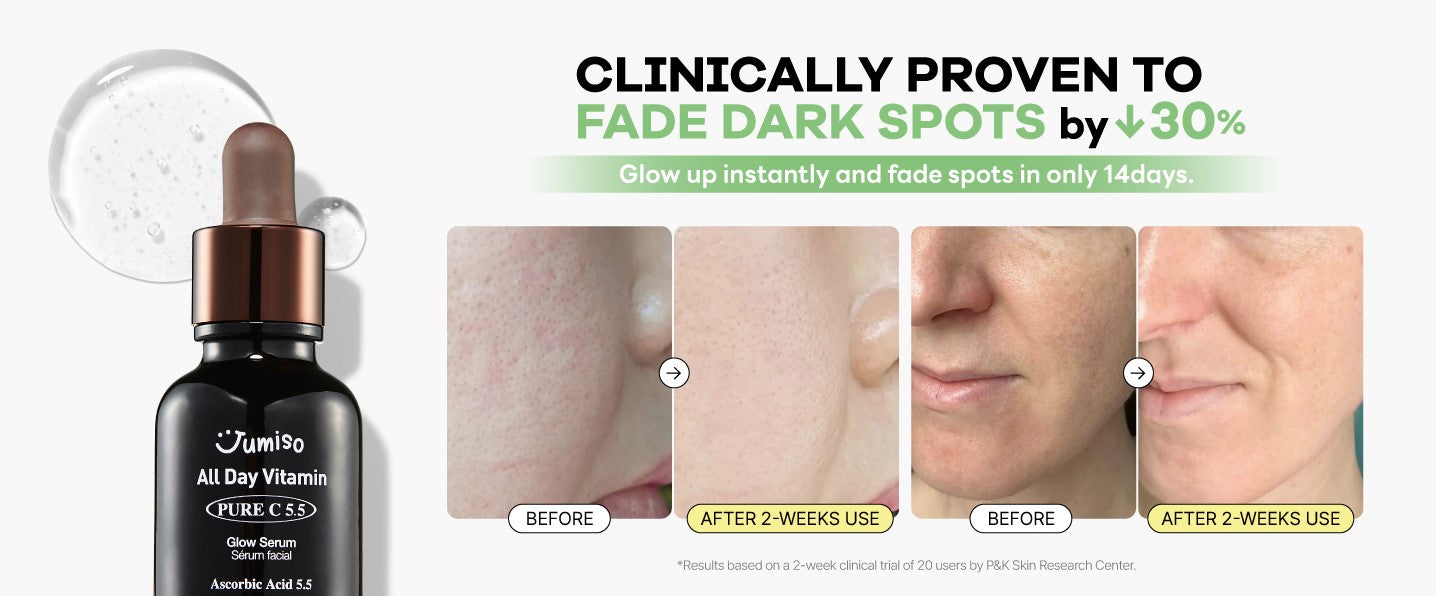Jumiso - All Day Vitamin Pure C 5.5 Glow Serum demonstrating visible results: before and after images showing skin tone improvement in just 14 days.