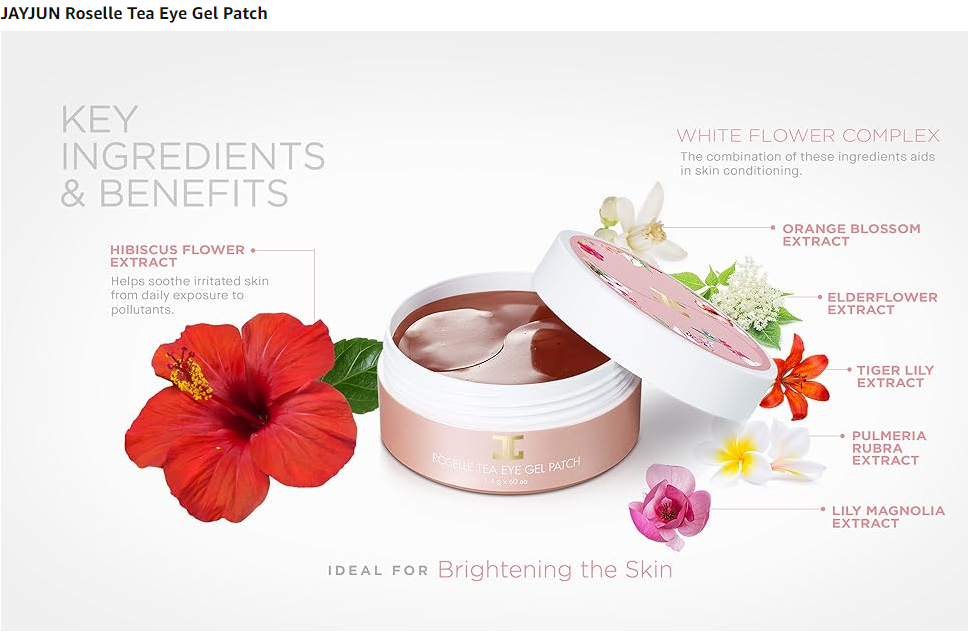 An infographic detailing the key ingredients and benefits of the JayJun Roselle Tea Eye Gel Patch. Learn how this Eye Gel Patch revitalizes and nourishes your skin with floral extracts.