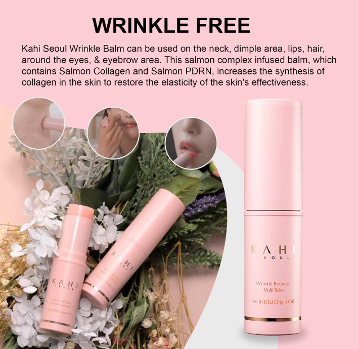 Kahi Wrinkle Bounce Multi Balm surrounded by floral accents, highlighting its beauty-enhancing properties. The ultimate anti-aging secret!