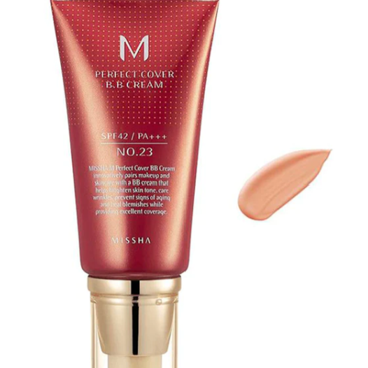 Beautifully plated Missha M Perfect Covering BB Cream SPF 42 PA++ No 23 Natural Beige next to a swatch, highlighting its lightweight formula.