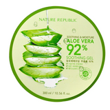 Nature Republic Soothing & Moisture Aloe Vera 92% Gel, showcasing the product's packaging with refreshing aloe vera slices, emphasizing its natural goodness.