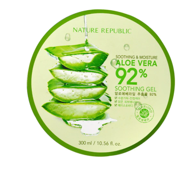 Nature Republic Soothing & Moisture Aloe Vera 92% Gel, showcasing the product's packaging with refreshing aloe vera slices, emphasizing its natural goodness.
