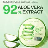 Nature Republic Soothing & Moisture Aloe Vera 92% Gel prominently featuring a bold '92%' and showcasing the product alongside vibrant aloe vera, perfect for hydration lovers.
