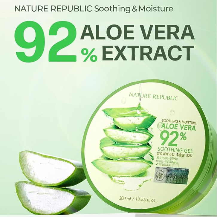 Nature Republic Soothing & Moisture Aloe Vera 92% Gel prominently featuring a bold '92%' and showcasing the product alongside vibrant aloe vera, perfect for hydration lovers.