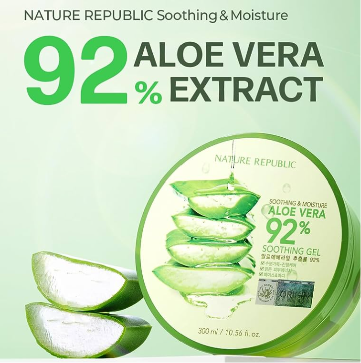 Nature Republic Soothing & Moisture Aloe Vera 92% Gel prominently featuring a bold '92%' and showcasing the product alongside vibrant aloe vera, perfect for hydration lovers.