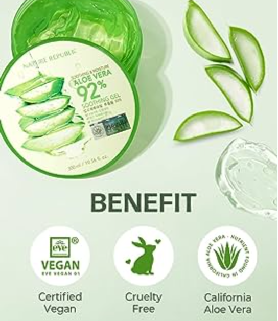 Nature Republic Soothing & Moisture Aloe Vera 92% Gel highlights the product benefits with icons, delivering a visual punch of hydration and eco-friendliness!