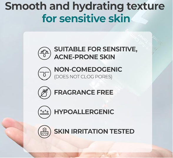 Graphic highlighting the benefits of Numbuzin Pure Full Calming Herb Toner for sensitive skin, featuring icons for non-comedogenic, fragrance-free, and hypoallergenic properties.