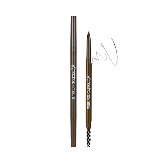 Peripera Speedy Skinny Brow pencil showcasing a 1.5mm ultra-skinny tip with a built-in spoolie brush for precision brow styling.