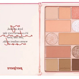 Open view of Peripera's 'My Autumn Mood' palette, displaying alluring coral and brown shades with a whimsical message about cozy autumn days.