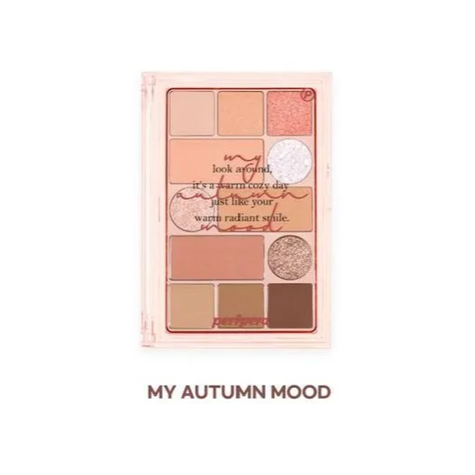 A vibrant palette featuring soft autumn shades of coral, pink, and brown, highlighting Peripera's 'My Autumn Mood' theme.