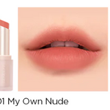 A swatch of the Peripera Ink Mood Matte Lipstick in 'My Own Nude' on smooth lips, highlighting its soft finish.