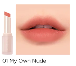 A swatch of the Peripera Ink Mood Matte Lipstick in 'My Own Nude' on smooth lips, highlighting its soft finish.