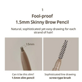 Close-up of the Peripera Speedy Skinny Brow pencil, highlighting its 1.5mm slim design perfect for detailed eyebrow drawing with a screw-type brush.