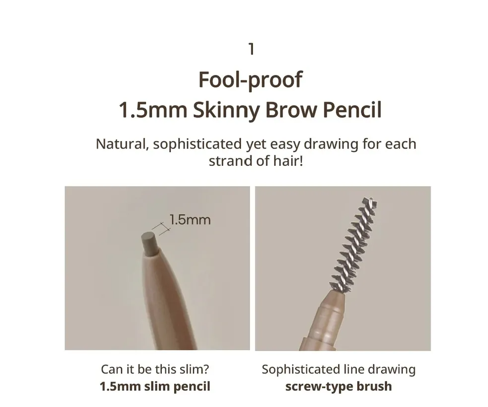 Close-up of the Peripera Speedy Skinny Brow pencil, highlighting its 1.5mm slim design perfect for detailed eyebrow drawing with a screw-type brush.