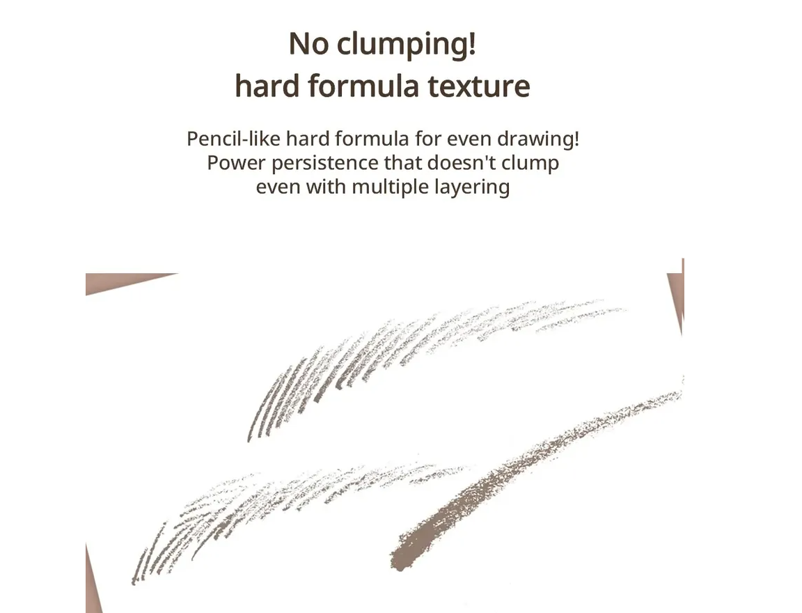 Textured illustration displaying the smooth strokes of the Peripera Speedy Skinny Brow pencil, emphasizing no clumping effect for flawless brows.