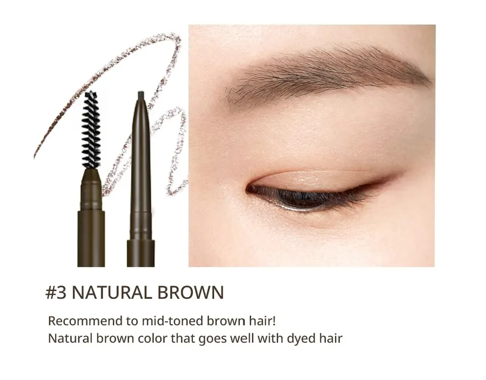 Image of the Peripera Speedy Skinny Brow pencil in 'Natural Brown', demonstrating how it complements dyed hair for a natural look.