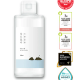 Round Lab 1025 Dokdo Toner displaying awards including Allure Best of Beauty award and Olive Young Awards, highlighting its recognition for effective skincare results.