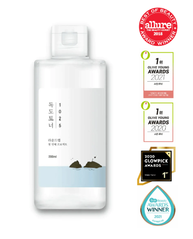Round Lab 1025 Dokdo Toner displaying awards including Allure Best of Beauty award and Olive Young Awards, highlighting its recognition for effective skincare results.