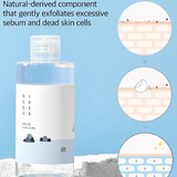 Round Lab 1025 Dokdo Toner with an informative graphic illustrating its Hatching EX-07 formula that gently exfoliates dead skin cells and sebum for refreshed skin.