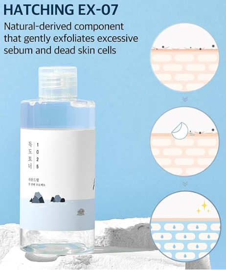 Round Lab 1025 Dokdo Toner with an informative graphic illustrating its Hatching EX-07 formula that gently exfoliates dead skin cells and sebum for refreshed skin.