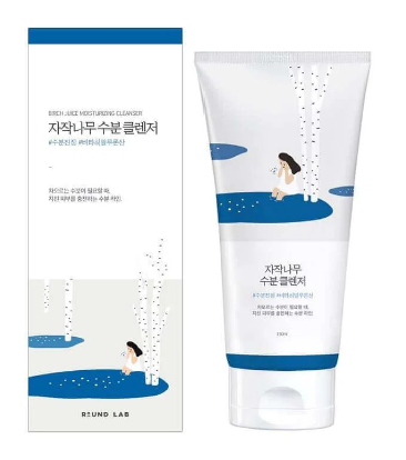 Round Lab Birch Juice Moisturizing Cleanser in an elegantly designed tube and box, illustrating birch tree imagery, highlighting its moisturizing benefits for dry skin.