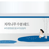Close-up of the Round Lab Birch Juice Moisturizing Pad container, highlighting its clean aesthetic with artistic illustrations and text in Korean, organized in a fresh color palette.