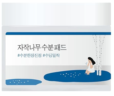 Close-up of the Round Lab Birch Juice Moisturizing Pad container, highlighting its clean aesthetic with artistic illustrations and text in Korean, organized in a fresh color palette.