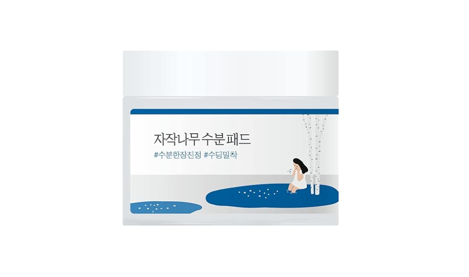 Container of Round Lab Birch Juice Moisturizing Pad featuring a minimalist design with a woman sitting by a birch tree and puddles, showcasing the cool and refreshing essence of the product.