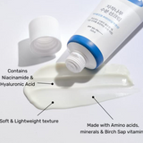 Detailed view of Round Lab Birch Juice Moisturizing Sun Cream SPF 50+, showcasing the texture of the cream and highlighting key ingredients like niacinamide and hyaluronic acid.