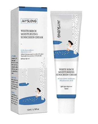 Round Lab Birch Juice Moisturizing Sun Cream SPF 50+ packaged in a box, highlighting its moisturizing properties enriched with birch and hyaluronic acid.