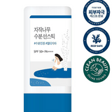 Round Lab Birch Juice Moisturizing Sun Stick displayed with certifications including Reef Safe and Clean Beauty, highlighting its skin-friendly ingredients and superior SPF 50+ PA++++ protection.