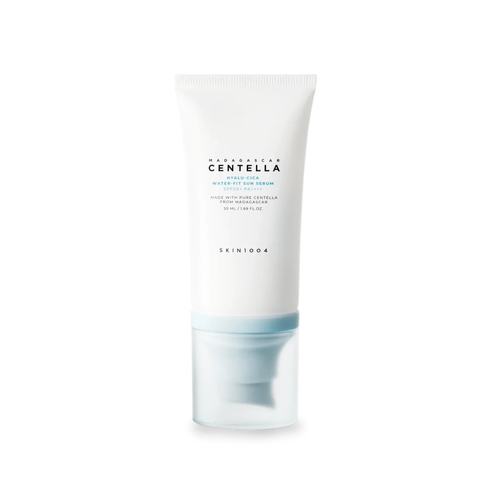 Skin1004 Madagascar Centella Hyalu-Cica Water-Fit Sun Serum SPF50+ PA++++ in a sleek white tube, showcasing its lightweight and moisturizing formula for sun protection.