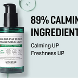 Promotional image featuring Some By Mi AHA.BHA.PHA 30 Days Miracle Serum Light, emphasizing its 89% calming ingredients for fresher, radiant skin.