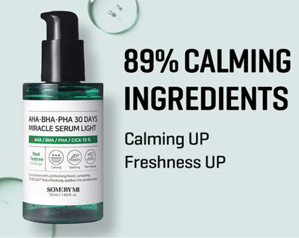 Promotional image featuring Some By Mi AHA.BHA.PHA 30 Days Miracle Serum Light, emphasizing its 89% calming ingredients for fresher, radiant skin.