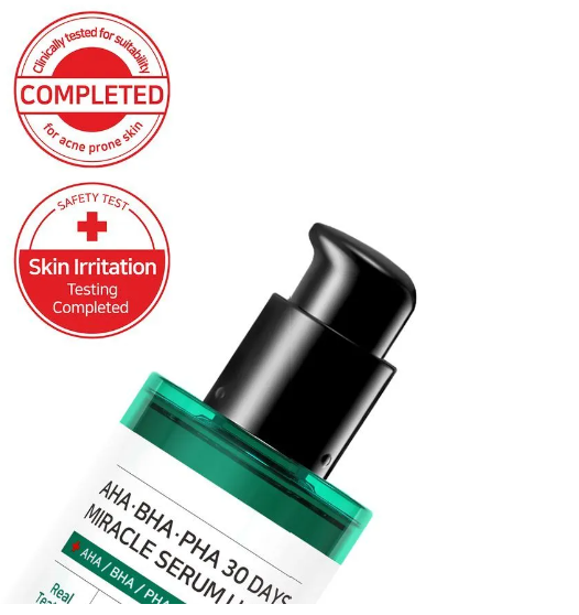 Detailed image of Some By Mi AHA.BHA.PHA 30 Days Miracle Serum Light bottle with emphasis on skin irritation test results for sensitive skin.