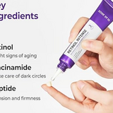A hand demonstrating the application of Some By Mi Retinol Intense Advanced Eye Cream, listing key ingredients like Retinol, Niacinamide, and Peptides.